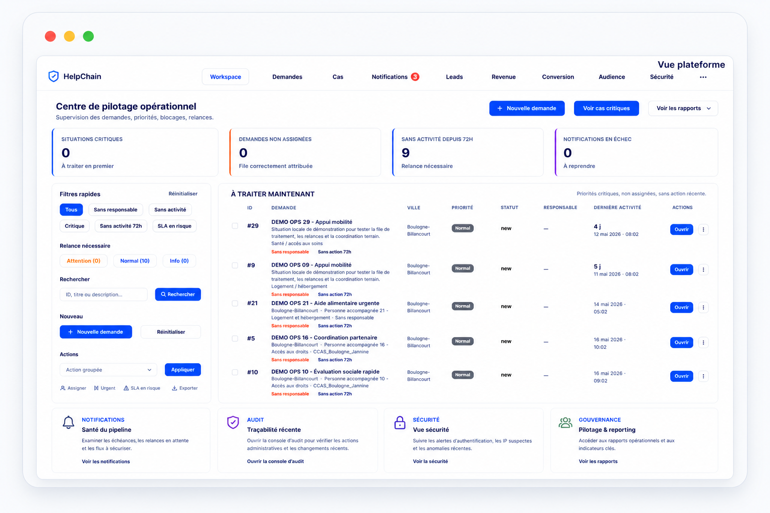 Interface de pilotage HelpChain