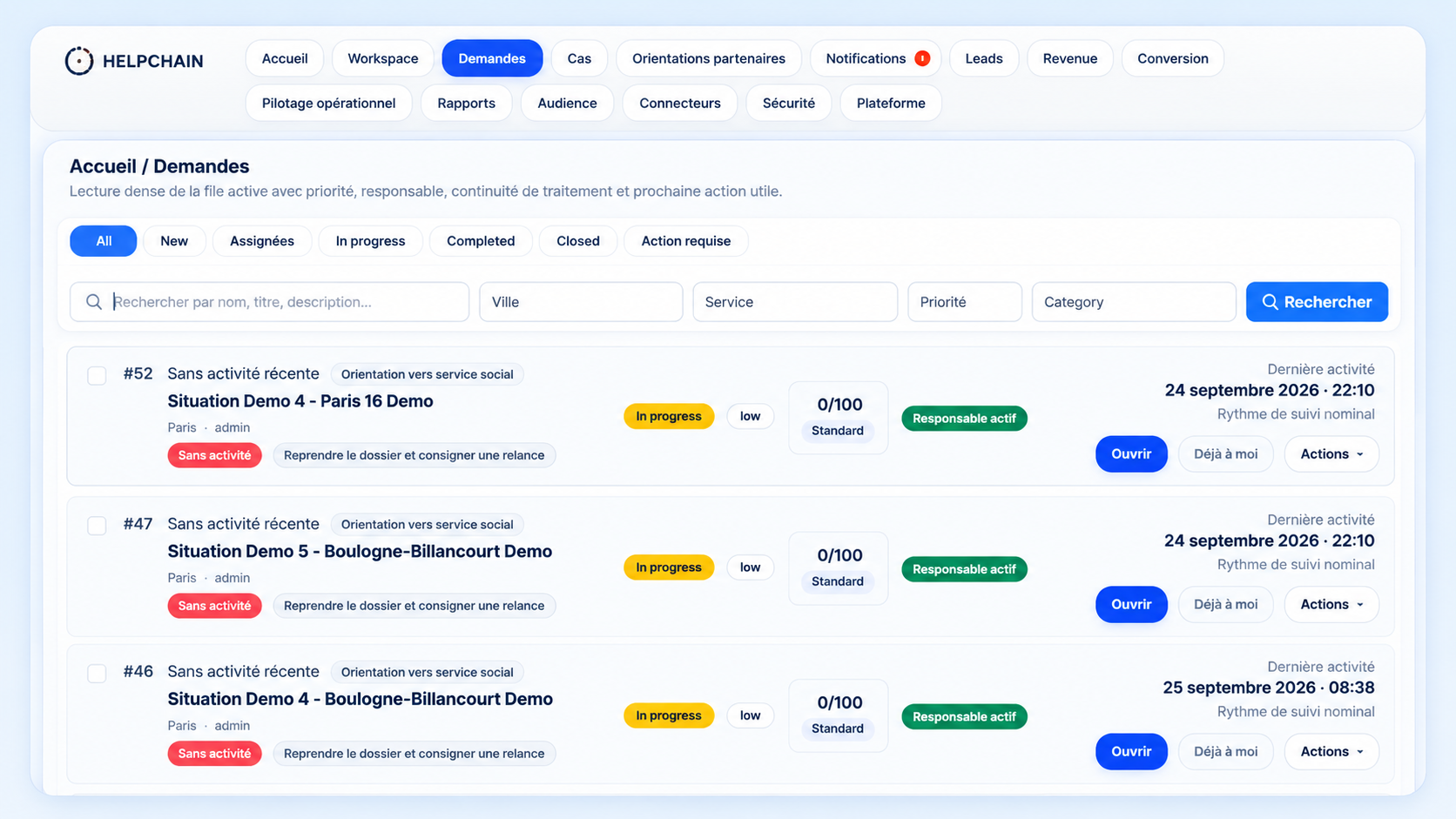 Liste des demandes HelpChain avec statuts, responsables et priorités