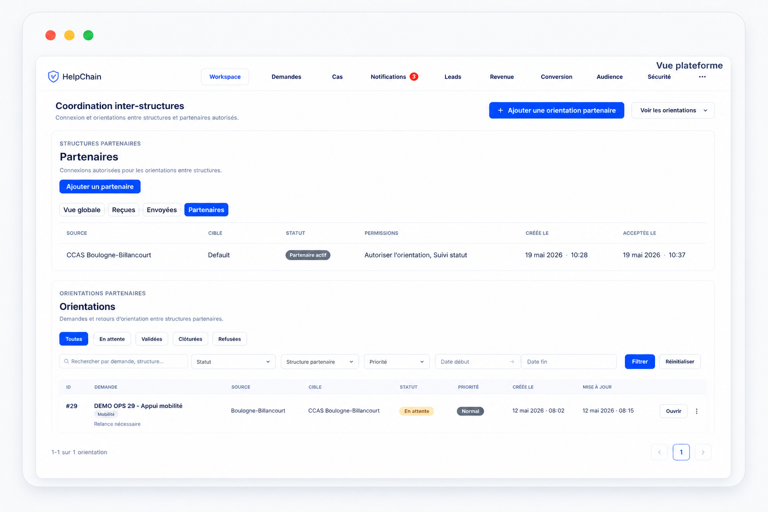 Vue HelpChain d’une demande avec orientation vers partenaire dans un cadre inter-structures maîtrisé