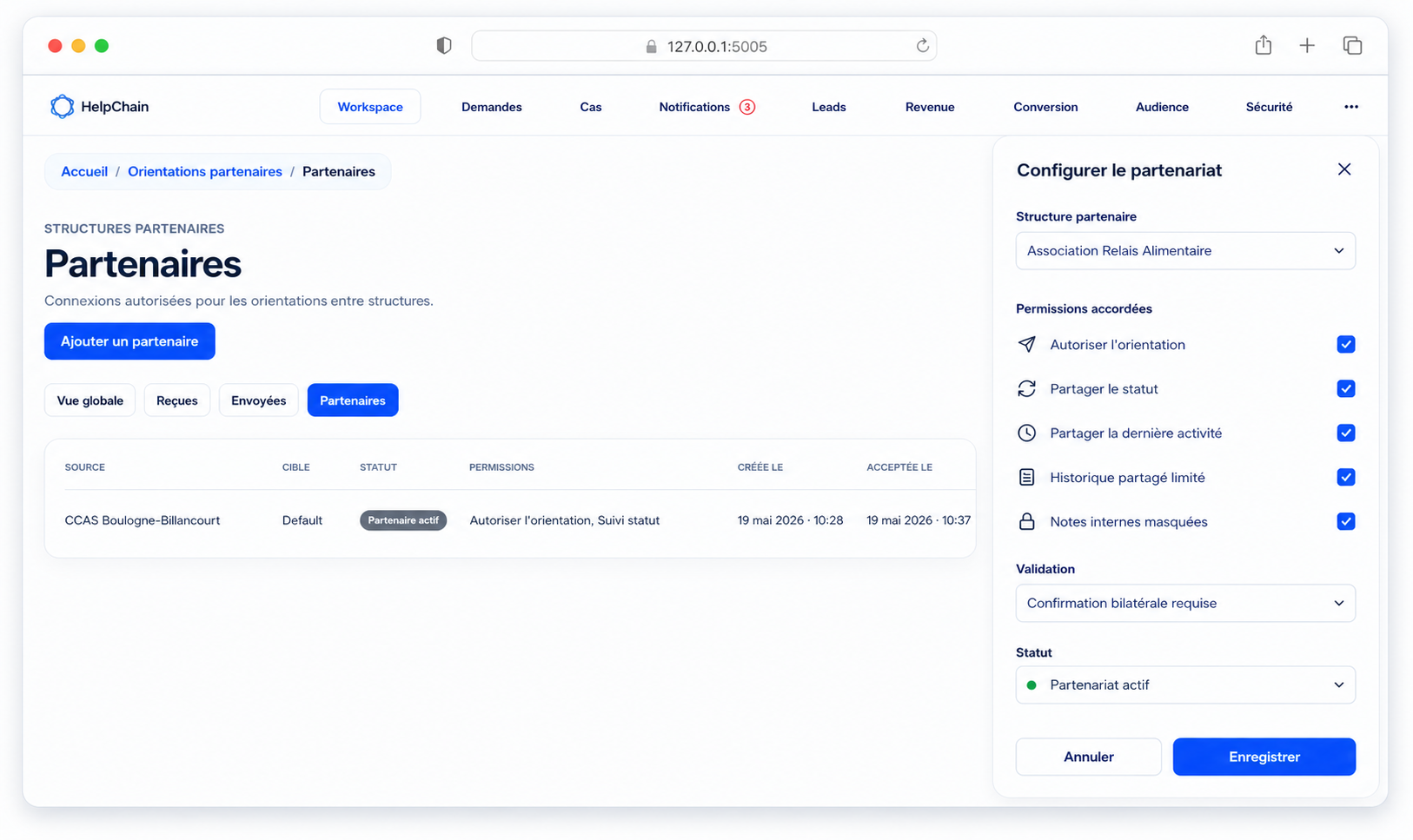 Vue HelpChain affichant une relation partenaire active entre deux structures autorisées.
